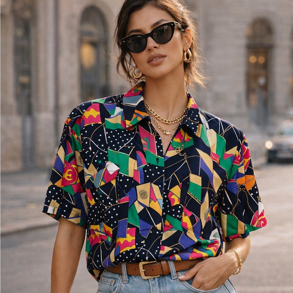 Vintage Notations Abstract Print Button-Front Blo… - image 1